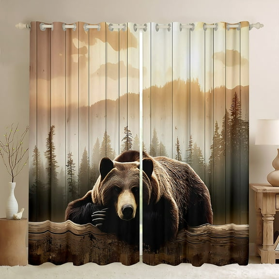 Manfei Brown Bear Black Out Curtains, Wild Woodland Animal Curtains Pack of 2 (42x63 Each), Retro Farmhouse Lodge Cabin Bedroom Curtains, Luxurious Home Decor