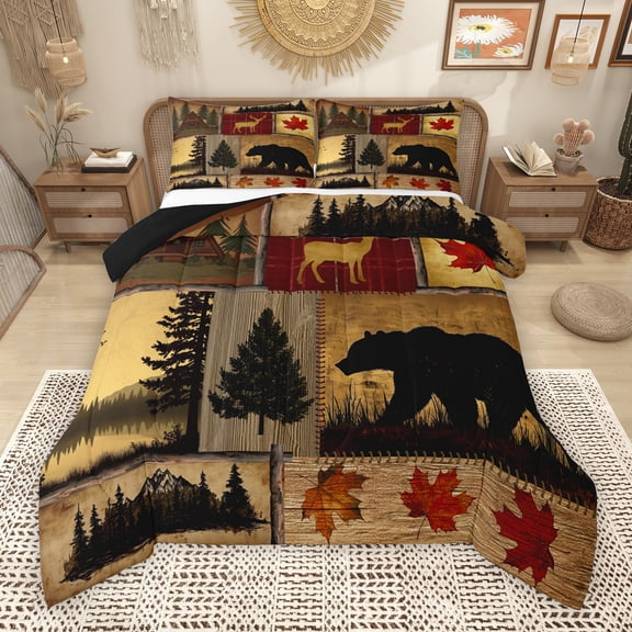 Manfei Brown Bear Deer Queen Comforter Set, Western Animal Wildlife Bedding Sets, Rustic Lodge Cabin Reversible Bedding Comforter Set, Microfiber Bedroom Decor, 3pcs