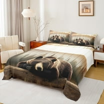 Manfei Brown Bear Twin Sheet Sets 3pcs, Wild Woodland Animal Twin Fitted Sheet, Retro Farmhouse Lodge Cabin Flat Sheet, Ultra Soft Home Decor