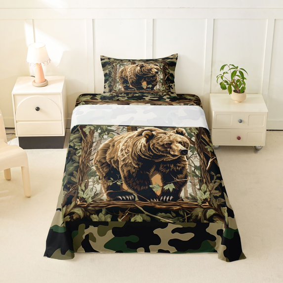 Manfei Brown Bear Twin Sheets,Geometric Plaid Bedding,Green Brown,3 Pieces,1 Fitted Sheet and 1 Pillowcase
