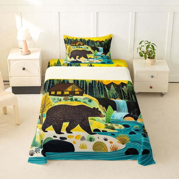Manfei Brown Bear Twin Sheets,Sunset Mountain Bedding,3pcs,1 Fitted Sheet and 1 Pillowcase