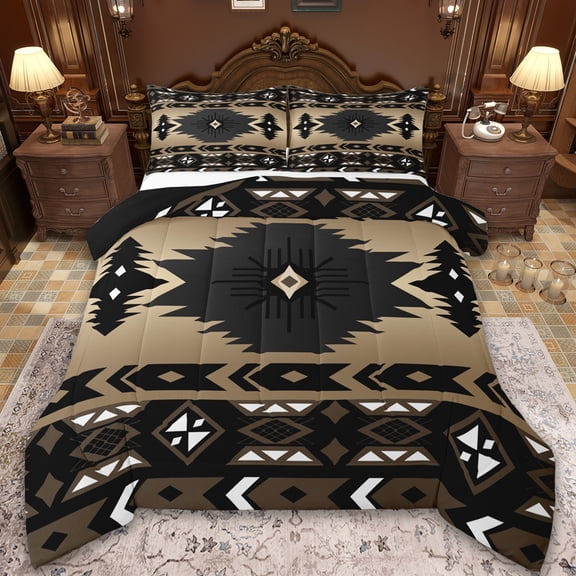 Manfei Brown Boho bohemian Bedding Comforter Set,Aztec Floral Twin Comforter Sets,bohemian Geometric Bedding Set,Breathable Room Decorative Reversible,2pcs