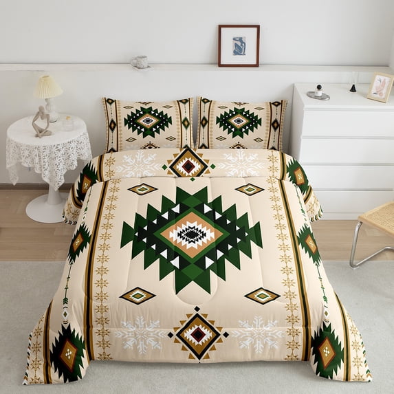 Manfei Brown Boho Bohemain Full Size Comforter Sets,Green Aztec Floral Bedding Comforter Set,Bohemain Geometry Bedding Sets,Breathable Room Decorative Reversible,3 Pieces