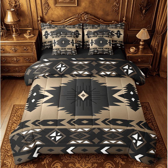 Manfei Brown Boho bohemian Twin Bedding Sets 7pcs,Aztec Floral Bedding Comforter Set 7pcs,bohemian Geometric Sheet Sets,Breathable Room Decorative Reversible