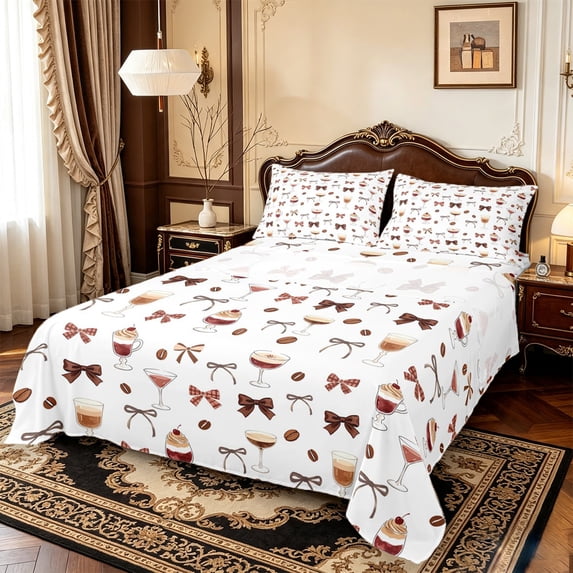 Manfei Brown Bow Knot Queen Sheets,Sweet Ice Cream Queen Sheet Sets,4 Pieces,1 Flat Sheet,1 Fitted Sheet and 2 Pillowcases