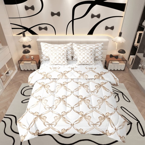 Manfei Brown Bowknot Bed in a Bag Twin size, Cartoon Ribbon Flower Bedding Sets Twin Size, Modern Fashion Reversible Bedding Twin Size, Lightweight Bedroom Decorative, 7pcs