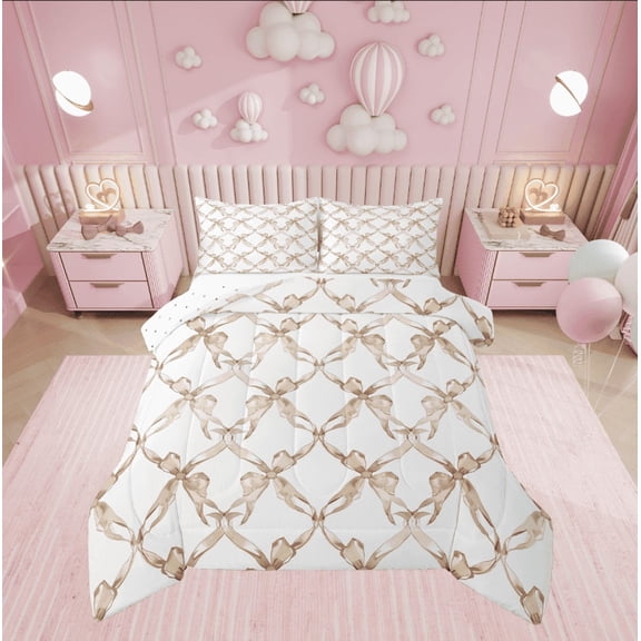 Manfei Brown Bowknot Bedding Sets Full with Comforter, Cartoon Ribbon Flower Duvet Insert, Modern Fashion Reversible Comforter Sets Full Size, Lightweight Bedroom Decorative, 3pcs