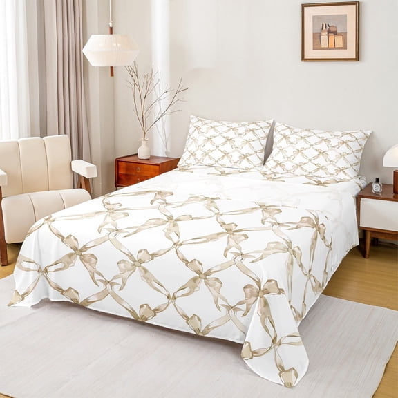 Manfei Brown Bowknot Sheet Set Queen, Cartoon Ribbon Flower Bed Sheets Set Queen Size, Modern Fashion Queen Sheet Sets, Lightweight Bedroom Decorative, 4pcs