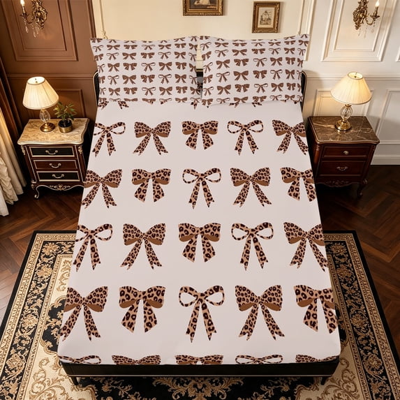 Manfei Brown Bowtie Fitted Sheet Full,Fashion Bowknot Bed Set,3pcs,1 Fitted Sheet and 2 Pillowcases