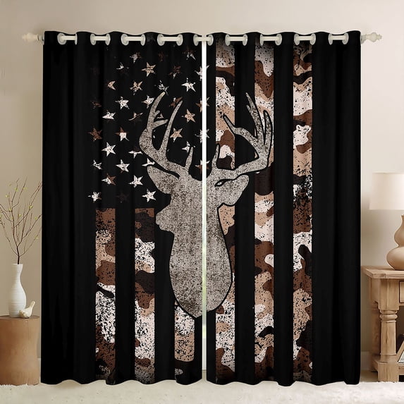 Manfei Brown Camouflage Usa Flag Blackout Curtains,Woodland Wildlife Deer Curtains Pack of 2 (42x84 Each)