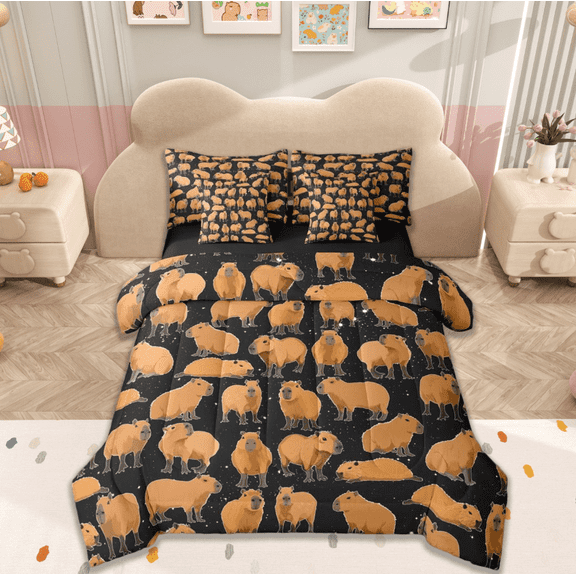 Manfei Brown Capybara 7-Piece Twin Bedding Sets,Kids Kawaii Animal Bedding Comforter Set For Boys Girls Teens,Black Brown Sheet Sets,Microfiber Bedroom Decor Reversible