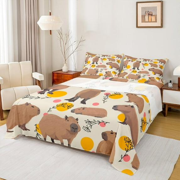 Manfei Brown Capybara Full Sheet Sets, Cartoon Animals Sheet Set Full, Polka Dots Bed Sheets Set Full Size, Microfiber Bedroom Decorative, 4 Pieces