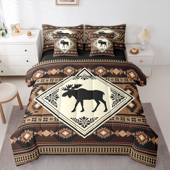 Manfei Brown Check Pine 7-Piece King Bedding,Vintage Moose Grid King Bed in a Bag,Black Reversible