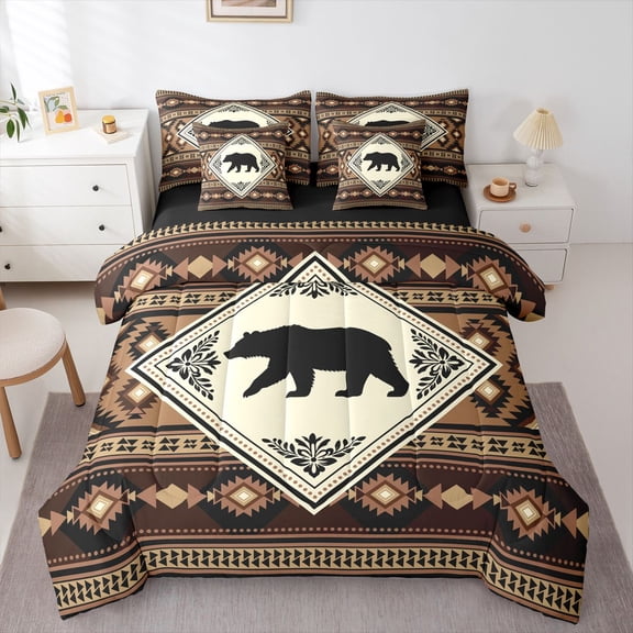 Manfei Brown Check Pine 7-Piece Twin Bedding,Retro Bear Grid Bedding Comforter Set,Black Reversible