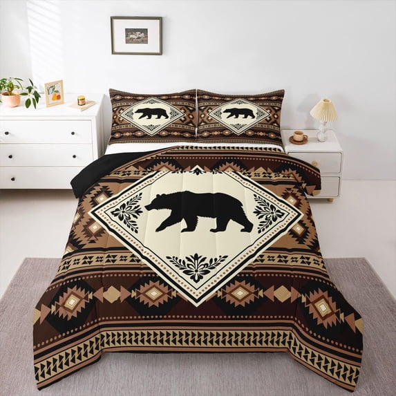 Manfei Brown Check Pine Full Size Comforter Sets,Retro Bear Grid Bedding Comforter Set,Black Reversible,3-Piece,1 Comforter and 2 Pillowcases