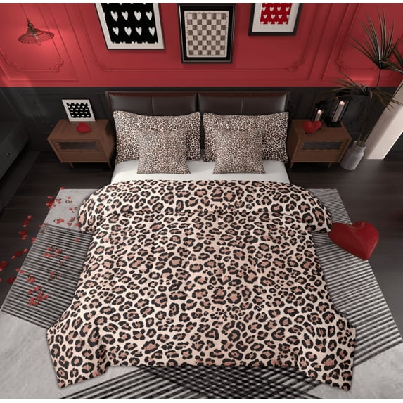 Manfei Brown Cheetah Print Bedding Comforter Set 7-Piece for Female, Modern Fashion Style King Bedding Sets, Cow Stripes Reversible Bed Sheets, Super Cozy Room Decor