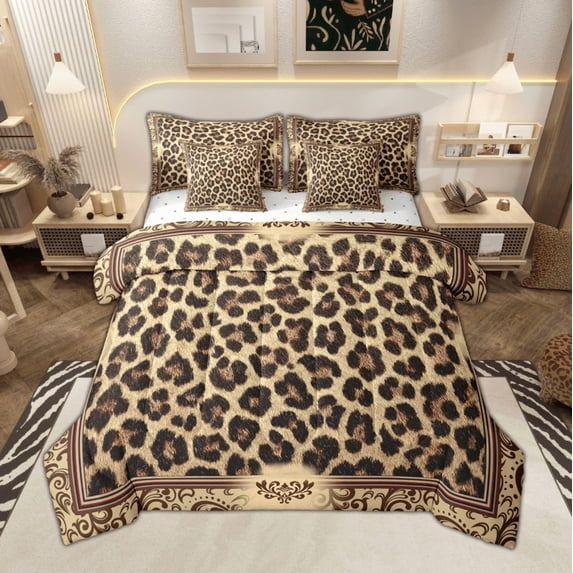 Manfei Brown Cheetah Print Bedding Comforter Set, Bohemian Damask Queen Bedding Sets, Chic Leopard Print Queen Sheet Sets, Breathable Home Decor Reversible 7 Pieces