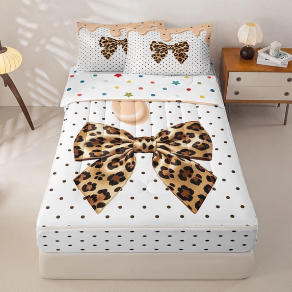 Manfei Brown Cheetah Print Bow Zipper Queen Comforter Set with Fitted Sheet and 2 Pillowcases,Sweet Cream Design Zipper Bedding Set,Polkadot Reversible,4-Piece
