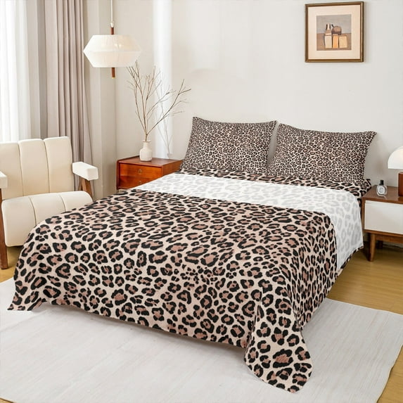 Manfei Brown Cheetah Print Full Size Sheets for Female, Modern Fashion Style Bed Sheets, Cow Stripes Sheet Sets, Super Cozy Room Decor, 4pcs