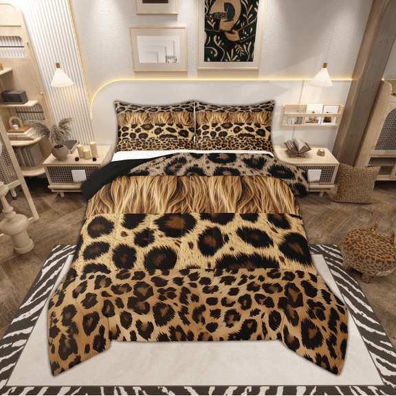 Manfei Brown Cheetah Print Queen Comforter Set for Female, Modern Fashion Style Bedding Sets, Rustic Cow Reversible Bedding Comforter Set, Breathable Home Decor, 3pcs