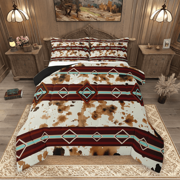 Manfei Brown Cow Print Bedding Comforter Set 2pcs, Hippie Aztec Twin Comforter Sets, Vintage Cowhide Bedding Set, Microfiber Bedroom Decor