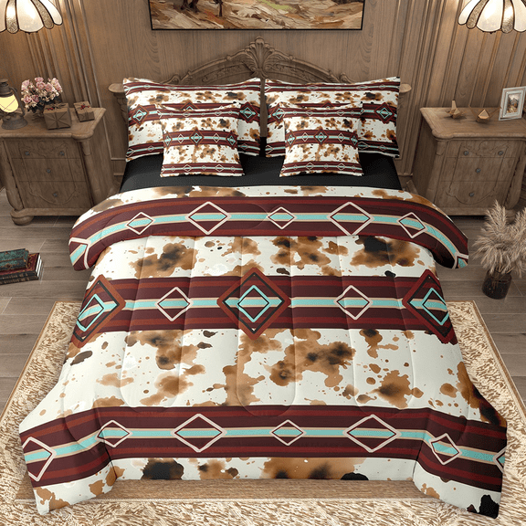 Manfei Brown Cow Print Bedding Comforter Set 7pcs, Hippie Aztec King Bedding Sets, Vintage Cowhide Bed Sheets, Microfiber Bedroom Decor