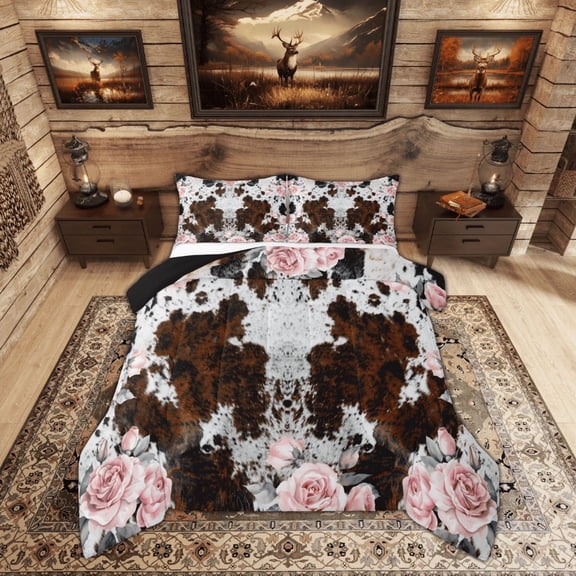 Feelyou Brown Cow Print Bedding Comforter Set, Romantic Pink Rose Twin Comforter Sets, Rustic Fashion Bedding Set, Microfiber Bedroom Decor, 2-Piece
