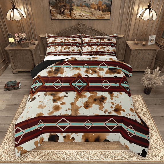 Manfei Brown Cow Print Queen Comforter Set 3 Pieces, Hippie Aztec Bedding Sets, Vintage Cowhide Bedding Comforter Set, Microfiber Bedroom Decor