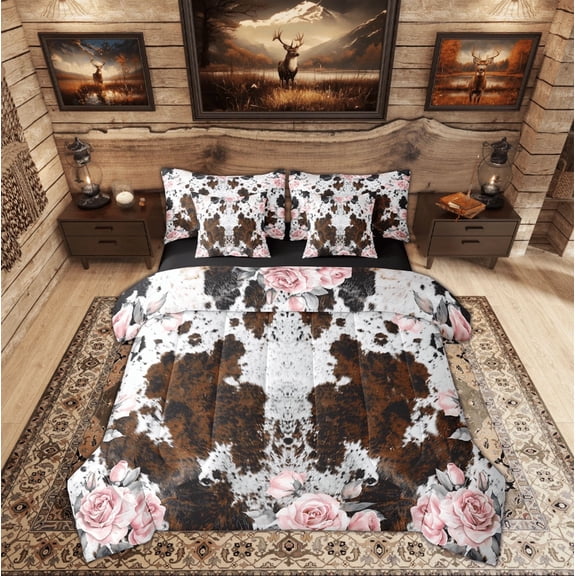 Feelyou Brown Cow Print Twin Bedding Sets 7-Piece, Romantic Pink Rose Bedding Comforter Set, Rustic Fashion Sheet Sets, Microfiber Bedroom Decor