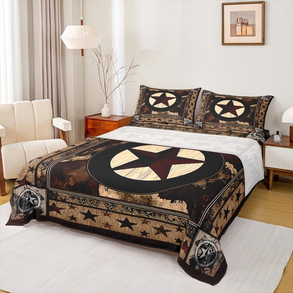 Manfei Brown Cow Print Twin Sheet Sets 3pcs, Vintage Star Twin Fitted Sheet, Rustic Farmhouse Flat Sheet, Luxury Bedroom Decor