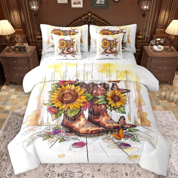 Manfei Brown Cowgirl Boot Bedding Comforter Set 7pcs, Vibrant Rustic Sunflower King Bedding Sets, Cartoon Lodge Cabin Reversible Bed Sheets, Breathable Home Decor