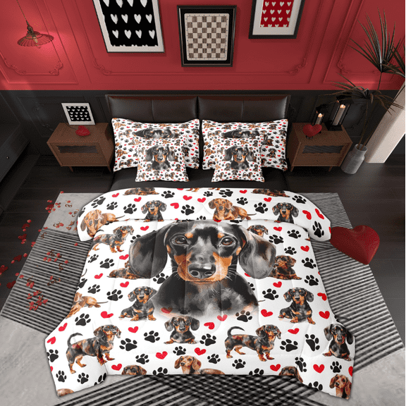 Manfei Brown Dachshund Bedding Comforter Set 7-Piece for Child, Kawaii Dog Dalmatian King Bedding Sets, Cartoon Pug Paw Reversible Bed Sheets, Microfiber Bedroom Decor