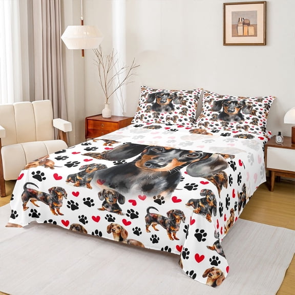 Manfei Brown Dachshund Full Size Sheets for Child, Kawaii Dog Dalmatian Bed Sheets, Cartoon Pug Paw Sheet Sets, Microfiber Bedroom Decor, 4-Piece