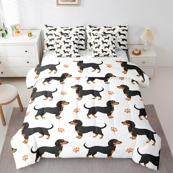 Feelyou Brown Dachshund Twin Bedding Sets 7-Piece, Cartoon Dog Pug Bedding Comforter Set, Cute Pet Paw Sheet Sets, Microfiber Bedroom Decorative