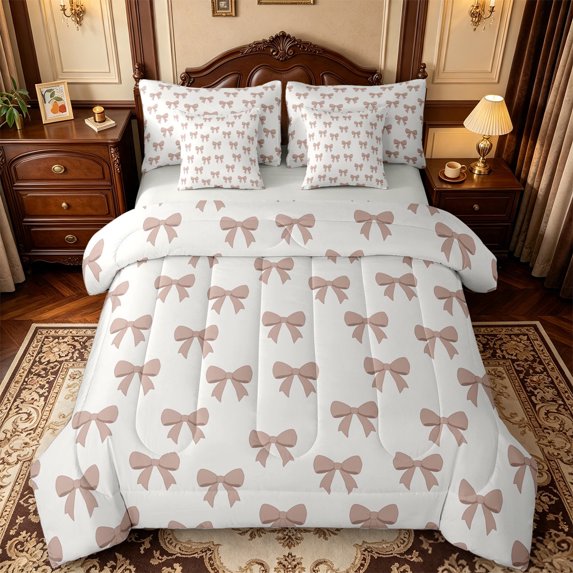 Manfei Brown Dreamy Bowtie 7-Piece Twin Bedding,Kawaii Bowknot Bedding Comforter Set,Light Gray Reversible