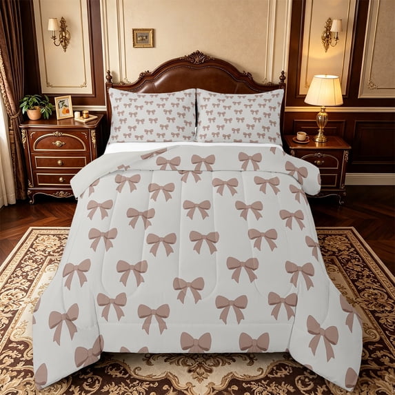 Manfei Brown Dreamy Bowtie Full Size Comforter Sets,Kawaii Bowknot Bedding Comforter Set,Light Gray Reversible,3-Piece,1 Comforter and 2 Pillowcases