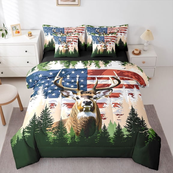 Manfei Brown Elk 7pcs Queen Bedding,Rustic American Flag Bedding Comforter Set Queen,Black Reversible