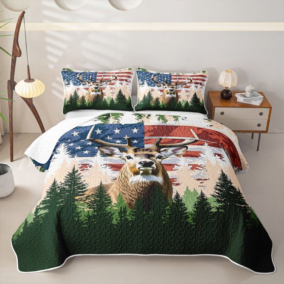 Manfei Brown Elk Twin Quilt Set,Rustic American Flag Twin Coverlet Set,2pcs