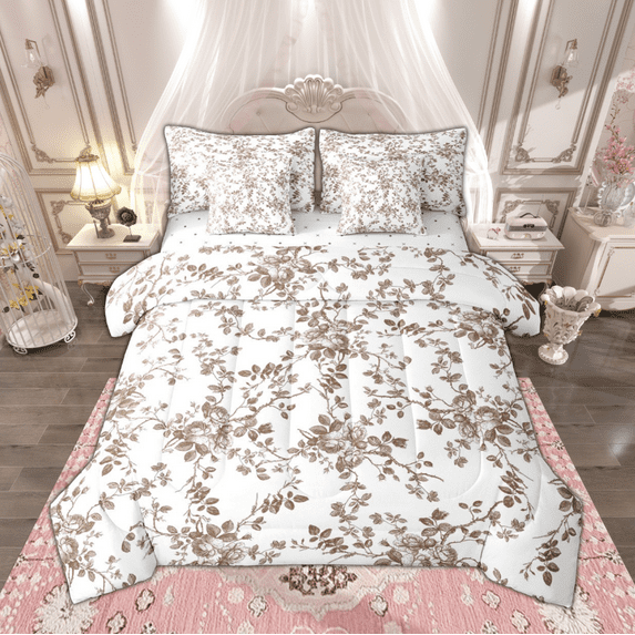 Manfei Brown Flower Twin Bedding Sets 7pcs, Spring Garden Floral Bedding Comforter Set, Tropical Vintage Blossom Sheet Sets, Ultra Soft Home Decor