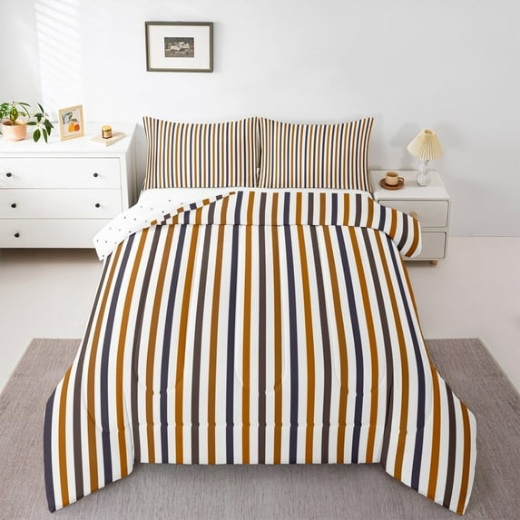 Manfei Brown Geometric Lines Full Size Bedding Sets,Aesthetic Striped Bedding Comforter Set,Minimalism Geometric Stripes For Girls Boys,Super Cozy Room Decor Reversible,3pcs