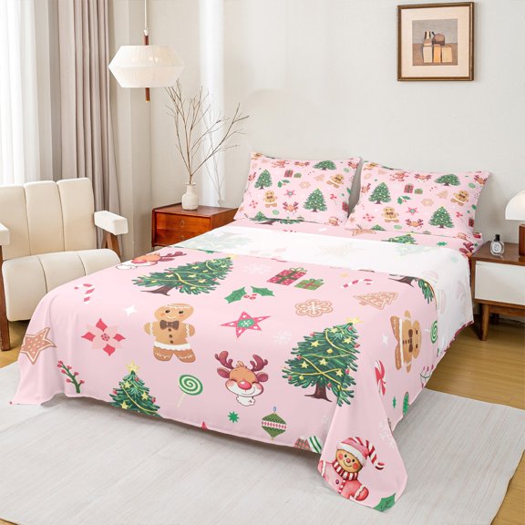Manfei Brown Gingerbraed Man Twin Sheet Sets,Kawaii Christmas Reindeer Twin Fitted Sheet,Green Xmas Tree Flat Sheet For Girls,Ultra Soft Home Decor,3-Piece
