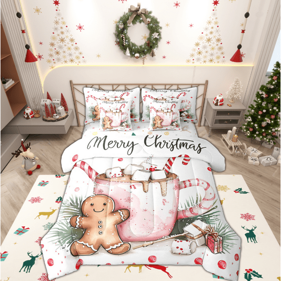 Manfei Brown Gingerbread Man 7-Piece Twin Bedding Sets,Merry Christmas Bedding Comforter Set,Xmas Sweet Dessert Sheet Sets For Girls Boys,Luxury Bedroom Decor Reversible