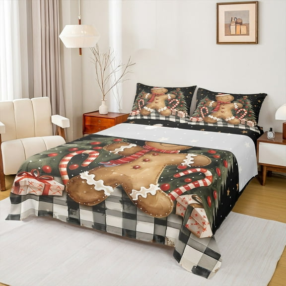 Manfei Brown Gingerbread Man Twin Sheet Sets,Merry Christmas Twin Fitted Sheet,Xmas Gifts Candy Cane Flat Sheet For Girls Boys,Luxury Bedroom Decor,3 Pieces