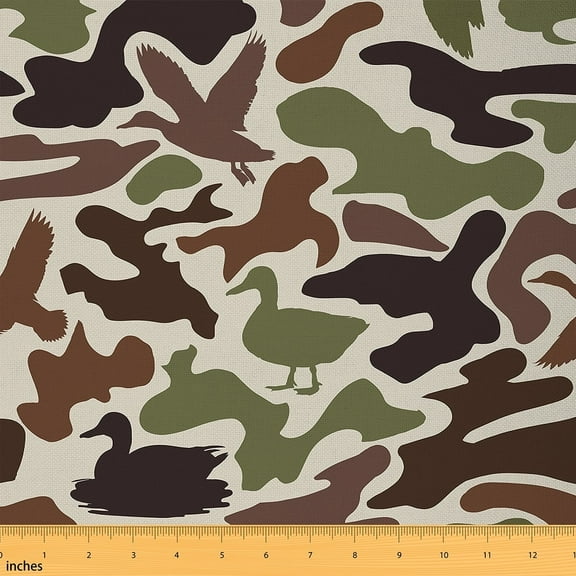 Manfei Brown Green Camouflage Fabric by the Yard (1 Yard), Mallard Duck Silhouette Decorative Fabric by the Yard, Geometric Camo DIY Fabric