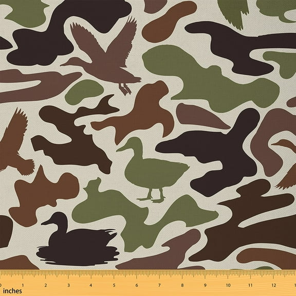 Manfei Brown Green Camouflage Sewing & Crafting Fabric (2 Yards), Mallard Duck Silhouette Home Decor Fabric by the Yard, Geometric Camo DIY Fabric