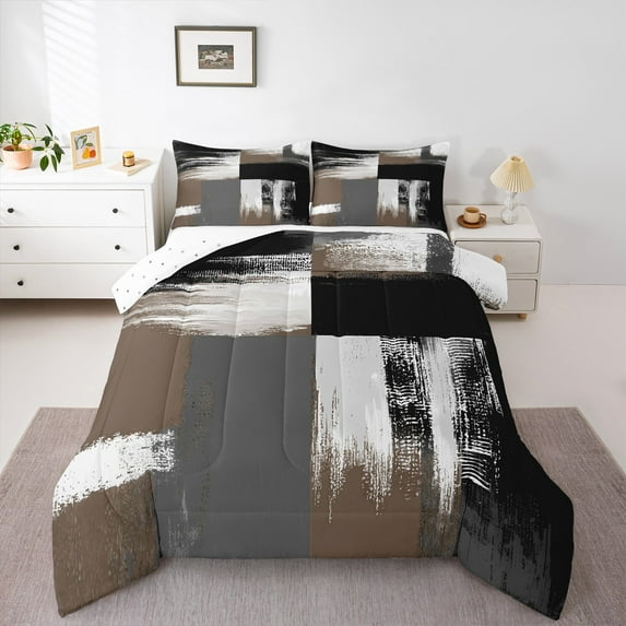 Manfei Brown Grey Abstract Full Size Comforter Sets, Chic Minimalism Bedding Comforter Set, Teen Child Kid Adult Reversible Bedding Sets, Super Cozy Room Decor, 3-Piece