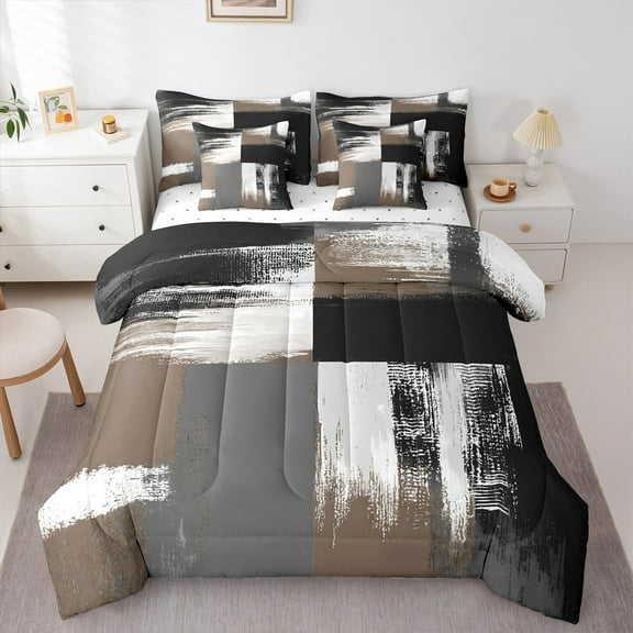 Manfei Brown Grey Abstract Twin Bedding Sets 7-Piece, Chic Minimalism Bedding Comforter Set, Teen Child Kid Adult Reversible Sheet Sets, Super Cozy Room Decor