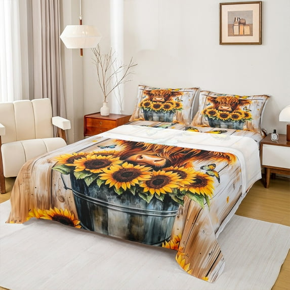 Manfei Brown Highland Bull Twin Sheet Sets, Vintage Sunflower Butterfly Twin Fitted Sheet, Ombre Wooden Board Flat Sheet, Ultra Soft Home Decor 3-Piece