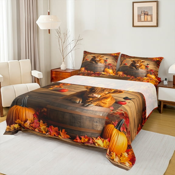 Manfei Brown Highland Cattle Bed Sheets,Autumn Pumpkin Maples King Sheets,Hello Fall Sheet Set For Child,Ultra Soft Home Decor,4 Pieces