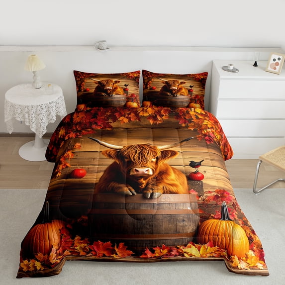 Manfei Brown Highland Cattle Full Size Comforter Sets,Autumn Pumpkin Maples Bedding Comforter Set,Hello Fall Bedding Sets For Child,Ultra Soft Home Decor Reversible,3-Piece